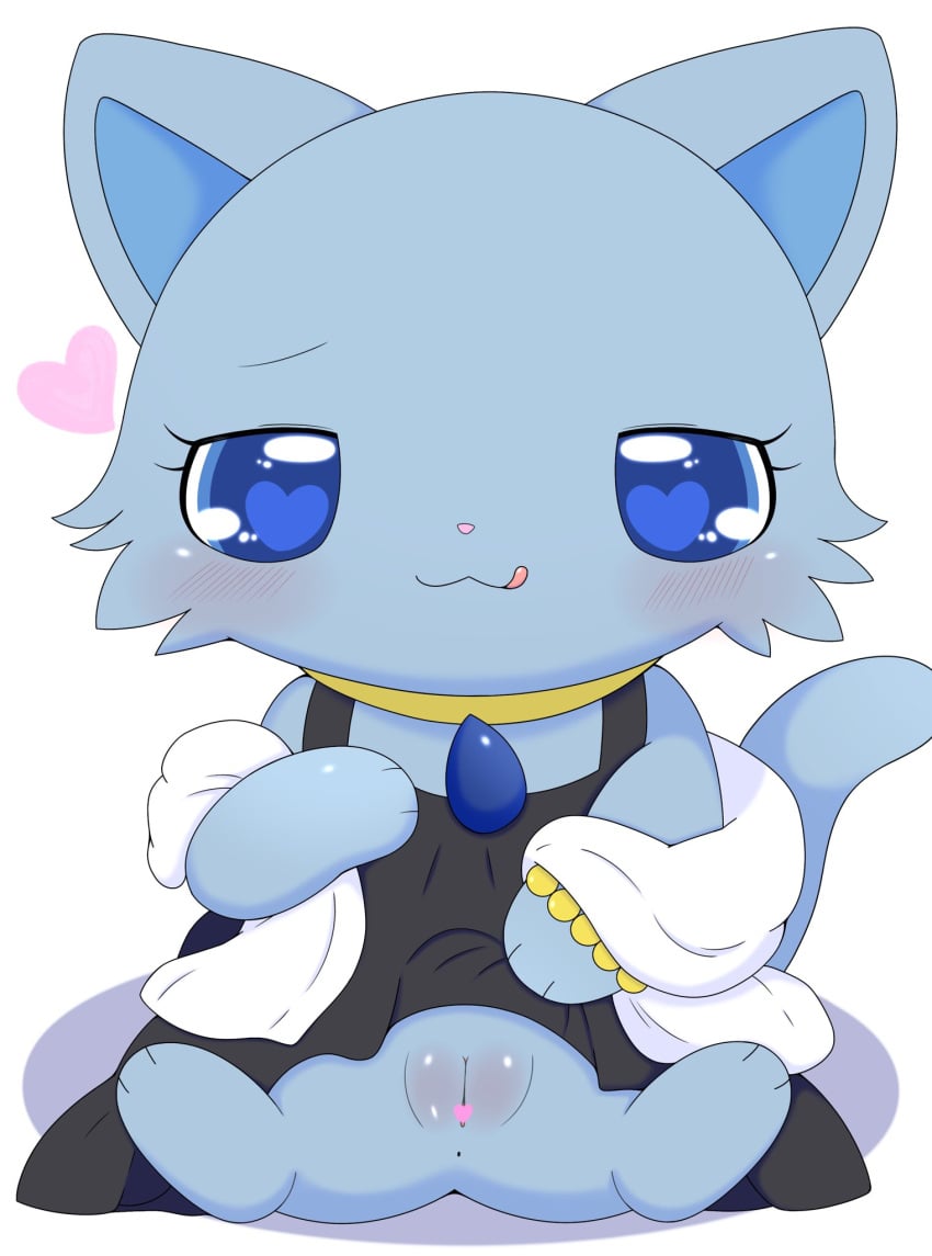 anthro anus azuo black_clothing black_shirt black_topwear blue_body blue_eyes blue_fur blush bottomless censored clothed clothing coat collar domestic_cat felid feline felis female female_anthro fur genitals heart_censor heart_eyes heart_symbol hi_res ineffective_censorship jewelpet lapis_(jewelpet) licking licking_lips mammal open_clothing open_coat open_topwear plump_labia pussy sanrio sega_fave semi-anthro shirt simple_background solo spread_legs spreading tongue topwear white_background