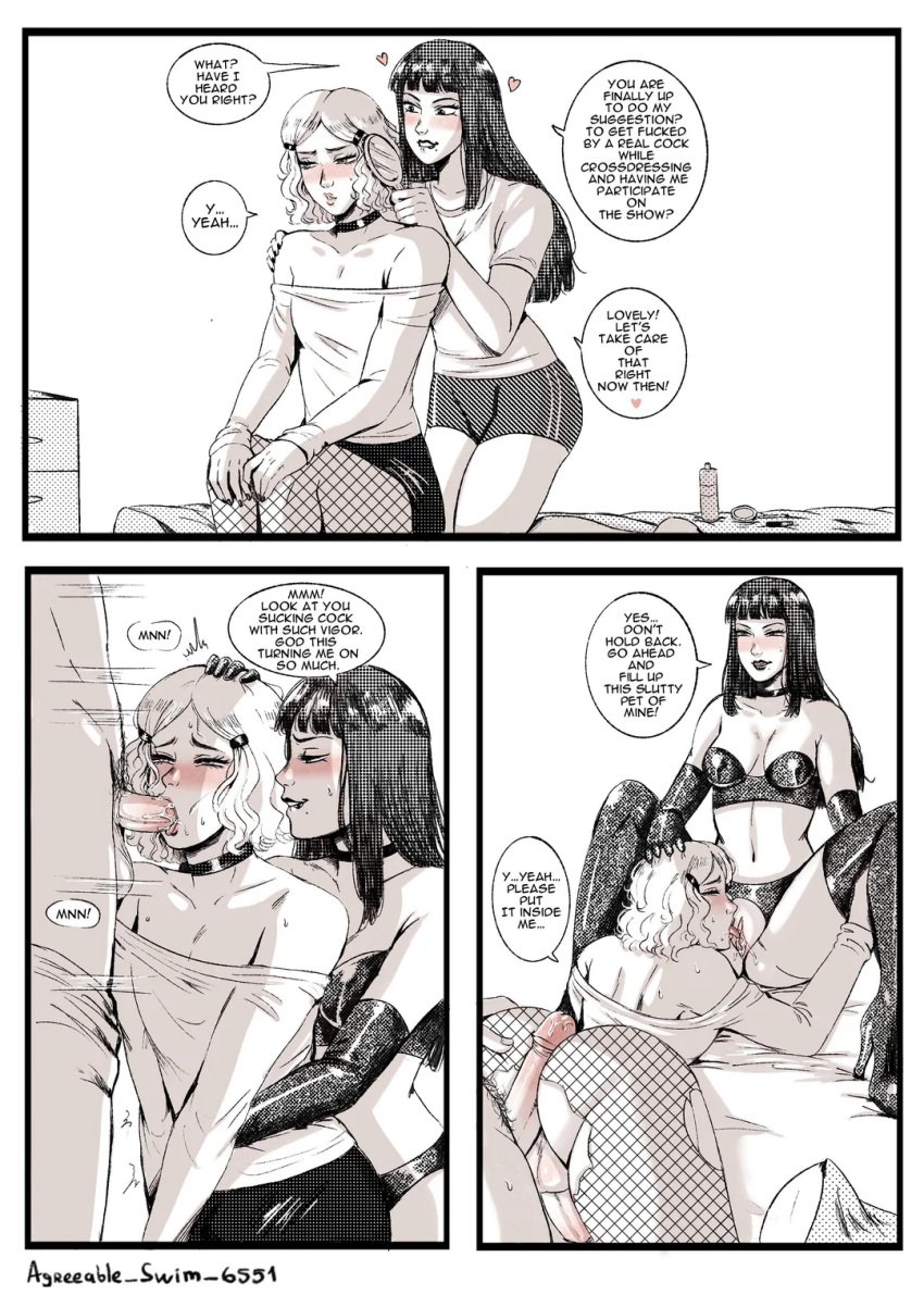 1girls 2boys 2d 2d_(artwork) agreeable_swim_6551 artist_signature black_hair black_lipstick black_socks blowjob blush bulge choker cleavage clothed clothing comic comic_page crossdressing dialogue female female_supporting_crossdressing femboy femdom gentle_femdom gloves goth_girl hairclip highs human human_only light-skinned_female light-skinned_femboy light-skinned_male light_skin long_hair male malesub medium_hair monochrome panties socks spanish_text straight text text_bubble thigh thigh_socks