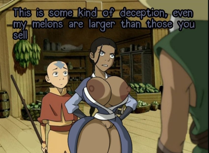 1girls 2boys alternate_breast_size annoyed avatar_the_last_airbender big_ass big_thighs cleavage editorl english_text female hourglass_figure huge_areolae huge_ass huge_breasts huge_thighs hyper_breasts hyper_hourglass katara male multiple_boys narrow_waist not_happy public shopping text useless_clothing wide_hips