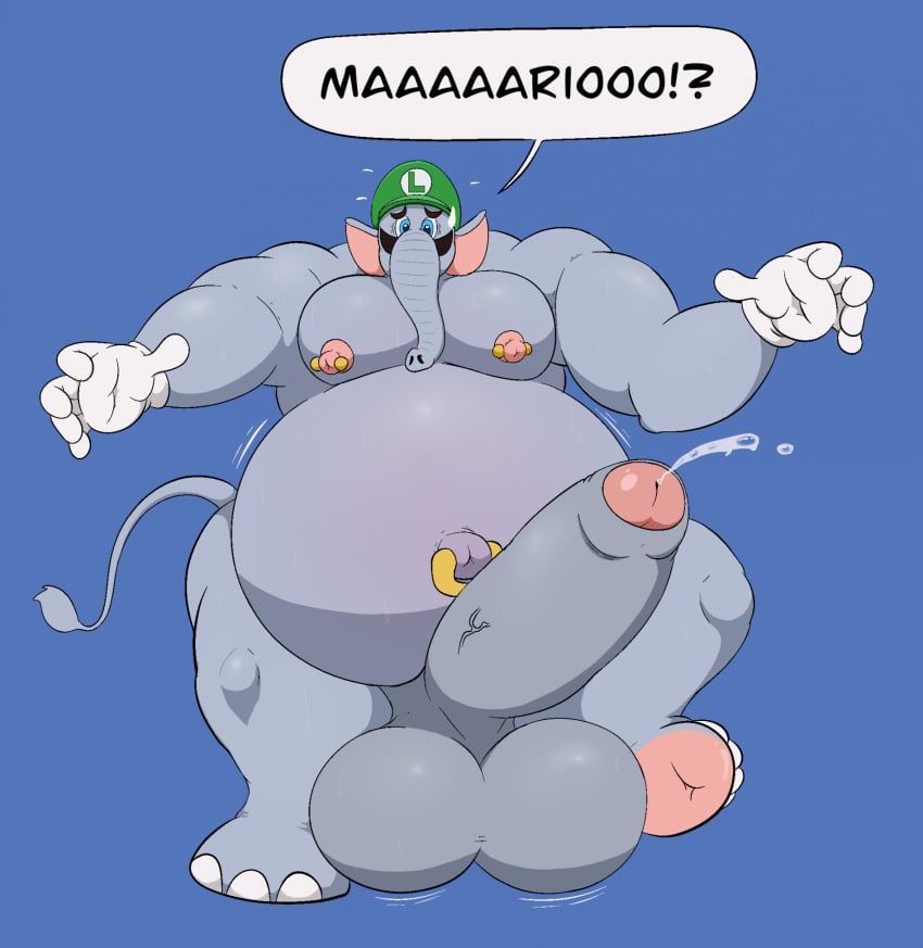 1boy alithegator anthro balls ballsack belly big_balls big_belly big_penis blue_background blue_eyes cum cumshot dialogue ejaculation elephant elephant_luigi elephantid enormous_balls enormous_penis erection facial_hair fat fat_belly genitals gigantic_balls gigantic_penis gloves green_hat huge_balls huge_cock large_balls large_belly large_penis looking_at_viewer luigi male male_nipples male_only mammal mario_(series) massive_balls massive_penis moustache navel navel_piercing nintendo nipple_piercing nipples obese obese_male overweight overweight_male penis solo solo_male super_mario_bros._wonder sweat sweating tail trunk tusks white_gloves