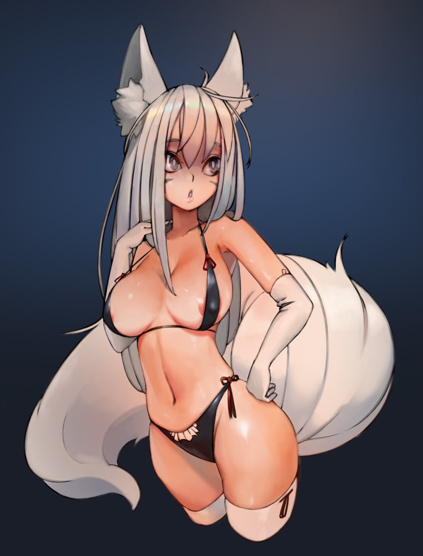 ahoge animal_ears areola_slip blue_background breasts collarbone covered_erect_nipples elbow_gloves female female_focus fox_ears fox_girl fox_tail frills gloves gradient_background grey_eyes hair_between_eyes highres large_breasts long_hair mfus navel nipple_slip nipples original parted_lips pink_lips purple_eyes silver_hair solo tail thighhighs white_gloves white_thighhighs