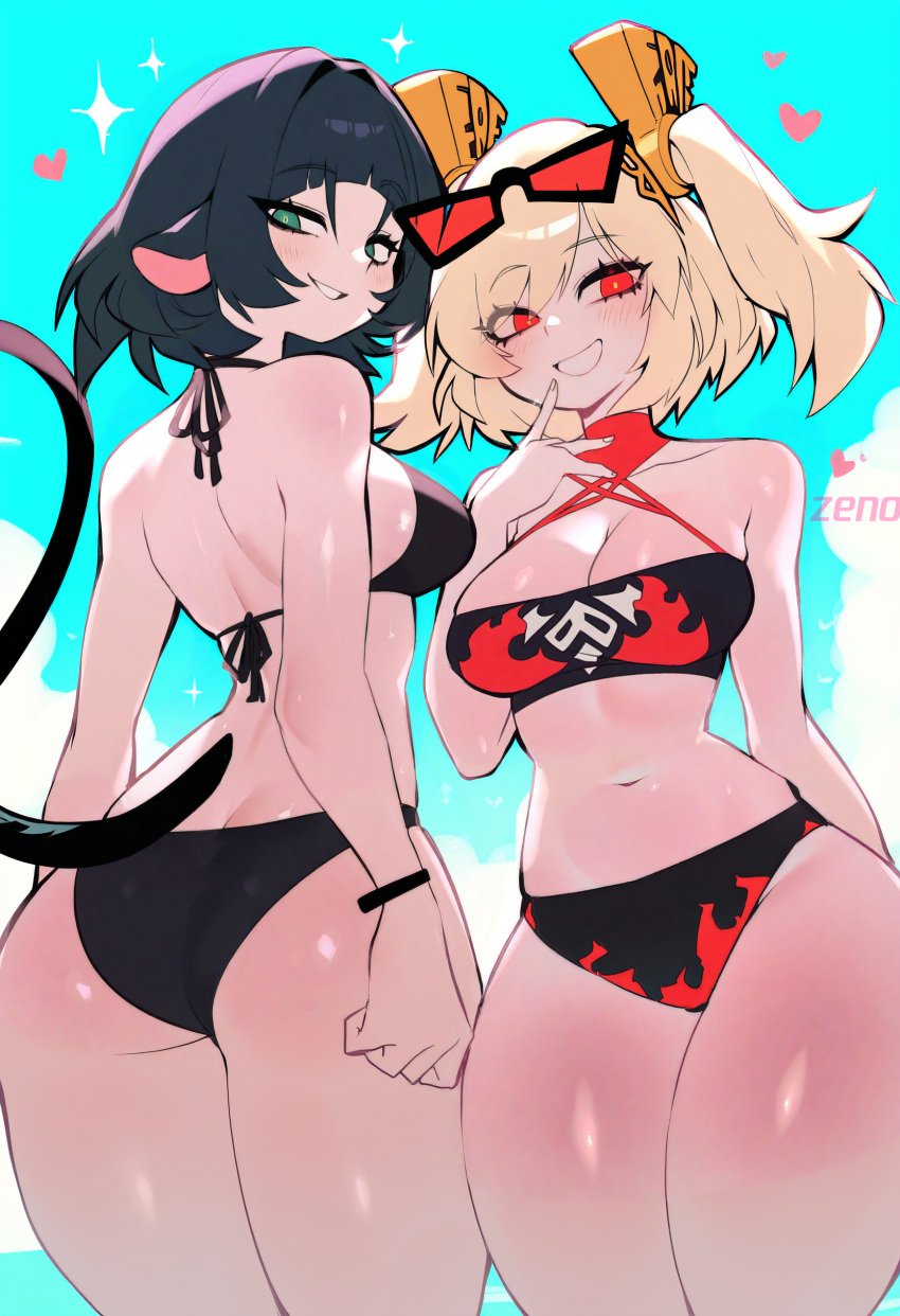 2girls ai_generated bikini breasts burnice_white cleavage female female_focus female_only hi_res jane_doe_(zenless_zone_zero) large_breasts light-skinned_female light_skin looking_at_viewer revealing_clothes thighs wide_hips zenless_zone_zero zenonde2nd