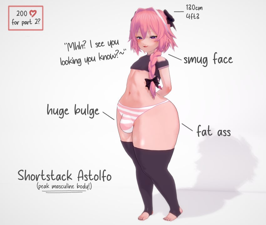 arched_back artist_request astolfo_(fate) blush bottom_heavy braided_hair bubble_butt bulge bulge_through_clothing crop_top english_text fate_(series) femboy long_hair looking_at_viewer male male_only midriff narrow_shoulders narrowed_eyes panties pink_eyes pink_hair round_ass shiny_skin shortstack sissy slim_waist solo stockings text thick_thighs thighhighs wide_hips