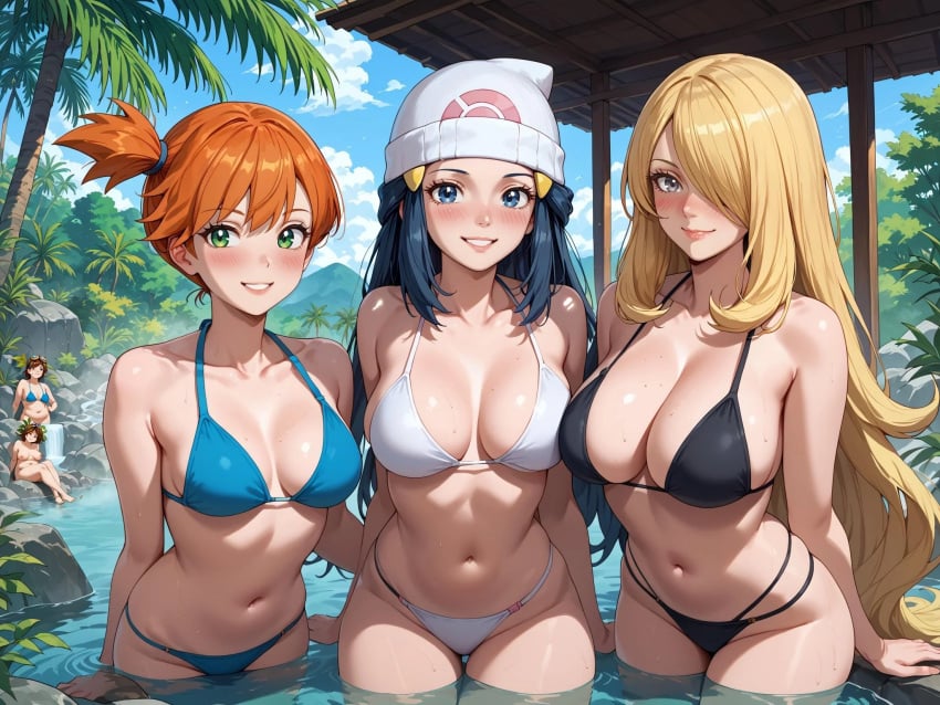 3girls ai_generated arms_behind_back asymmetrical_hair bangs bare_arms bare_shoulders beach beanie bikini bikini_bottom black_bikini black_hair black_swimsuit blonde_hair blue_bikini blue_eyes blue_hair blue_sky blue_swimsuit blush breasts breasts_apart clavicle cleavage closed_mouth clothing cloud cowboy_shot curvaceous cynthia_(pokemon) dawn_(pokemon) day eyelashes female female_only green_eyes grey_eyes grin group gym_leader hair_between_eyes hair_ornament hair_over_one_eye hat headwear huge_breasts kasumi_(pokemon) kasumi_(pokemon) large_breasts leaning_forward long_hair looking_at_viewer medium_breasts mole_on_breast multi-strapped_bikini multiple_girls navel ocean open-mouth_smile open_mouth orange_hair outdoors palm_tree parted_lips partially_submerged pokemon pokemon_(anime) pokemon_(classic_anime) pokemon_(game) pokemon_character pokemon_species ponytail pool rock shiny shiny_skin short_hair short_ponytail side_ponytail sidelocks sitting skindentation sky smile soaking_feet standing stomach strap_gap string_bikini swimsuit teeth thick_thighs thigh_gap thighs tied_hair tree very_long_hair wading water wet white_bikini white_headwear white_swimsuit