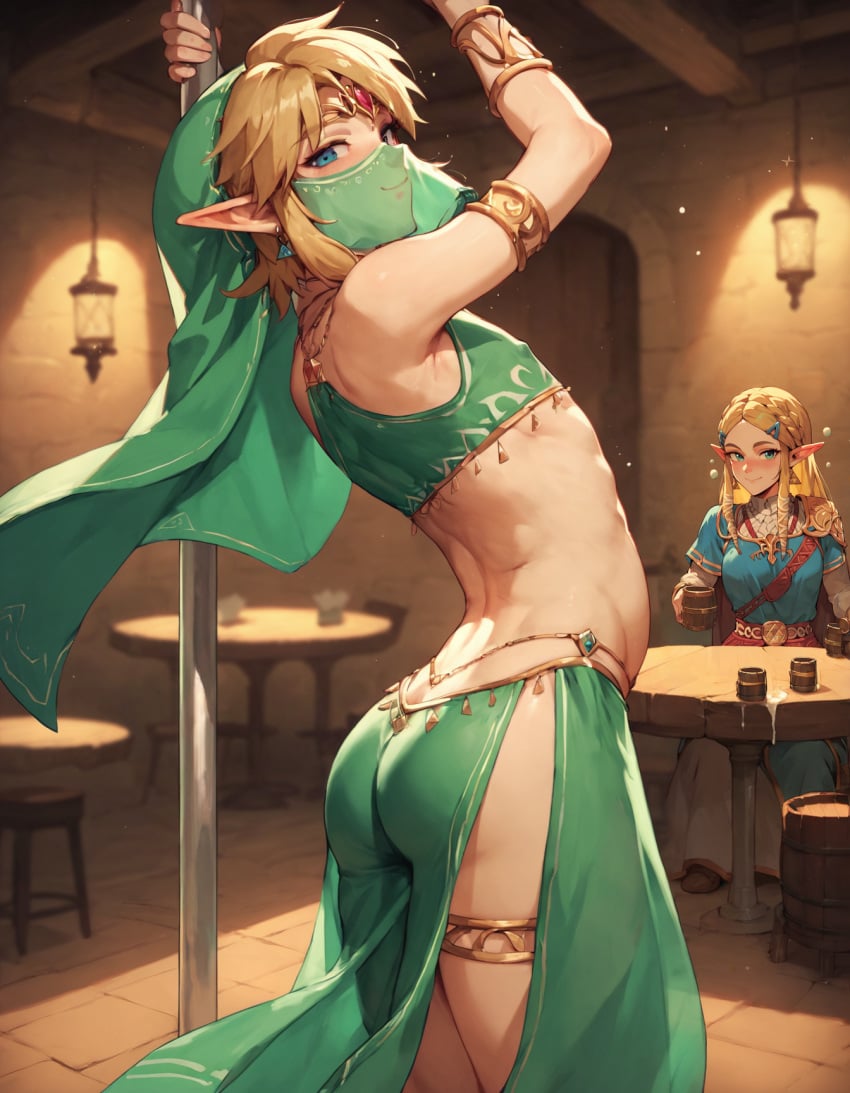 1boy ai_generated ass dancing elf elf_ears femboy link looking_at_viewer open_clothes pointy_ears pole pole_dancing princess_zelda prostitution rtxfus rtxfus34 seductive smile striptease tavern the_legend_of_zelda young