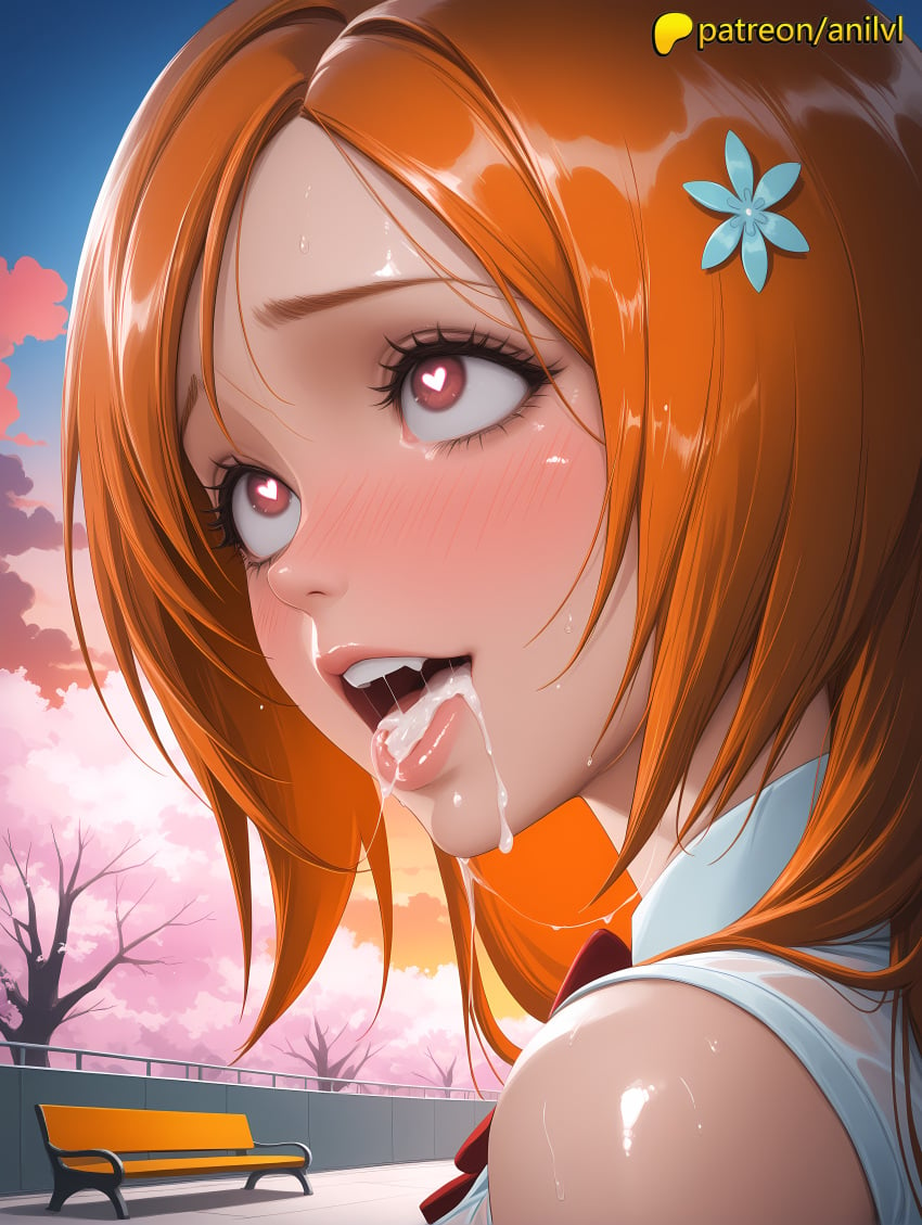 1girls 2025 ai ai_assisted ai_generated anilvl anime anime_girl anime_style artist_name bare_tree bleach bleach:_the_thousand-year_blood_war blush branch breast breasts breasts breasts bust cherry_blossoms chest cum cum_in_mouth cum_on_tongue drooling female flower full-face_blush heart heart-shaped_pupils hi_res high_quality high_resolution highres inoue_orihime long_hair nose_blush open_mouth orange_hair outdoors patreon patreon_username saliva sky solo spring_(season) stable_diffusion sunset sweat symbol-shaped_pupils teeth tree watermark