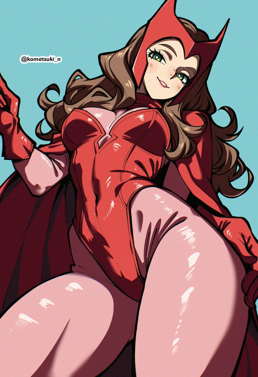 2d body_stocking cape crown gloves highleg_leotard komatsuki komatsuki_n leotard marvel marvel_comics red_leotard scarlet_witch seductive_look thick_thighs wanda_maximoff wide_hips