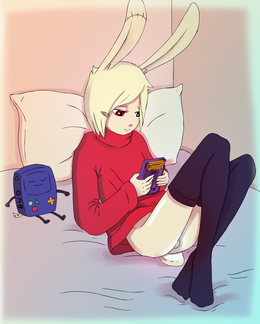 adventure_time anthro balls bed blonde_hair bmo drayl femboy fur furry game_boy hair hairclip lagomorph male male_only pillow plushie rabbit solo_male stockings sweater yoshino_iko