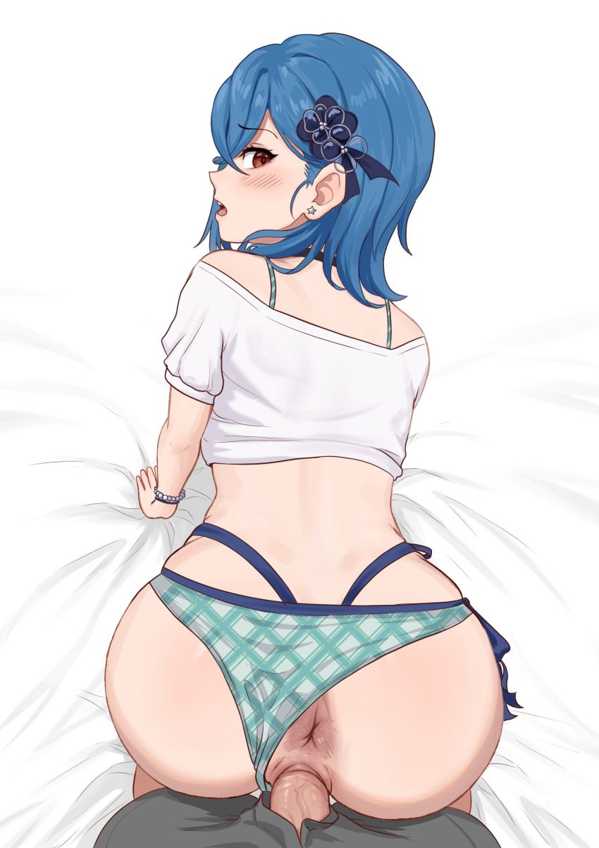 1boy all_fours anus ass bead_bracelet beads bed_sheet black_choker blue_hair bracelet brikot choker clothed_sex clothing_aside copyright_request doggy_style earrings erection female highres jewelry looking_at_viewer looking_back love_live! love_live!_superstar!! open_mouth panties panties_aside penis pov pussy red_eyes sex shirt short_hair short_sleeves solo_focus star_(symbol) star_earrings straight swimsuit uncensored underwear vaginal_penetration wakana_shiki white_shirt