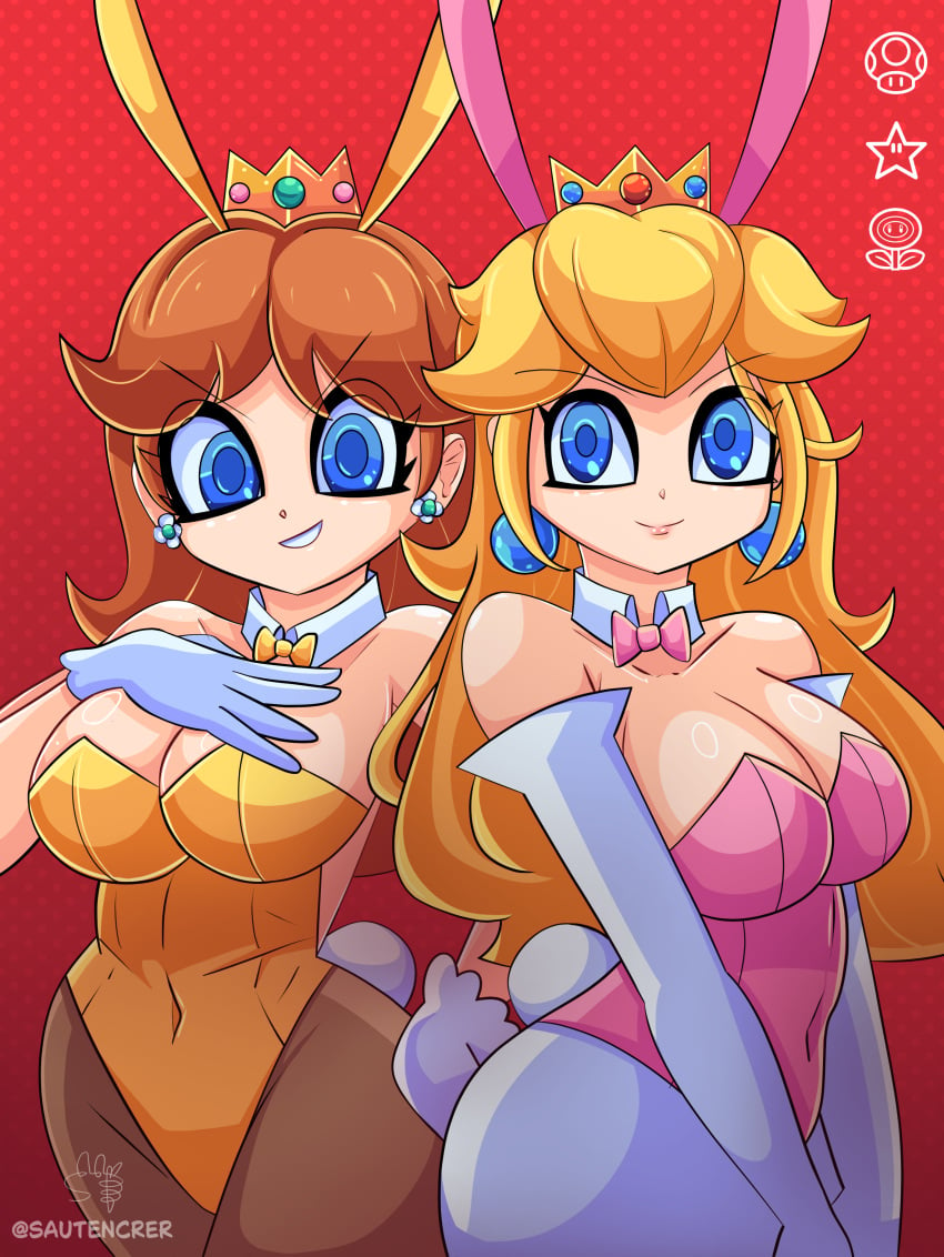 2girls artist_name blonde_hair blue_eyes bow brown_hair bunny_ears bunny_girl bunny_tail bunnysuit covered_navel crown detached_collar earrings flower_earrings gloves gold_crown long_gloves long_hair looking_at_viewer mario_(series) nintendo orange_bow orange_bunnysuit pink_bow pink_bunnysuit playboy_bunny princess_daisy princess_peach sautencrer short_gloves short_hair white_gloves