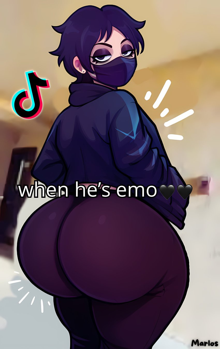 1boy ai_assisted ai_generated ass ass_focus emo femboy large_ass looking_at_viewer looking_back male male_only marlosart mask original redraw thick_thighs thighs tiktok