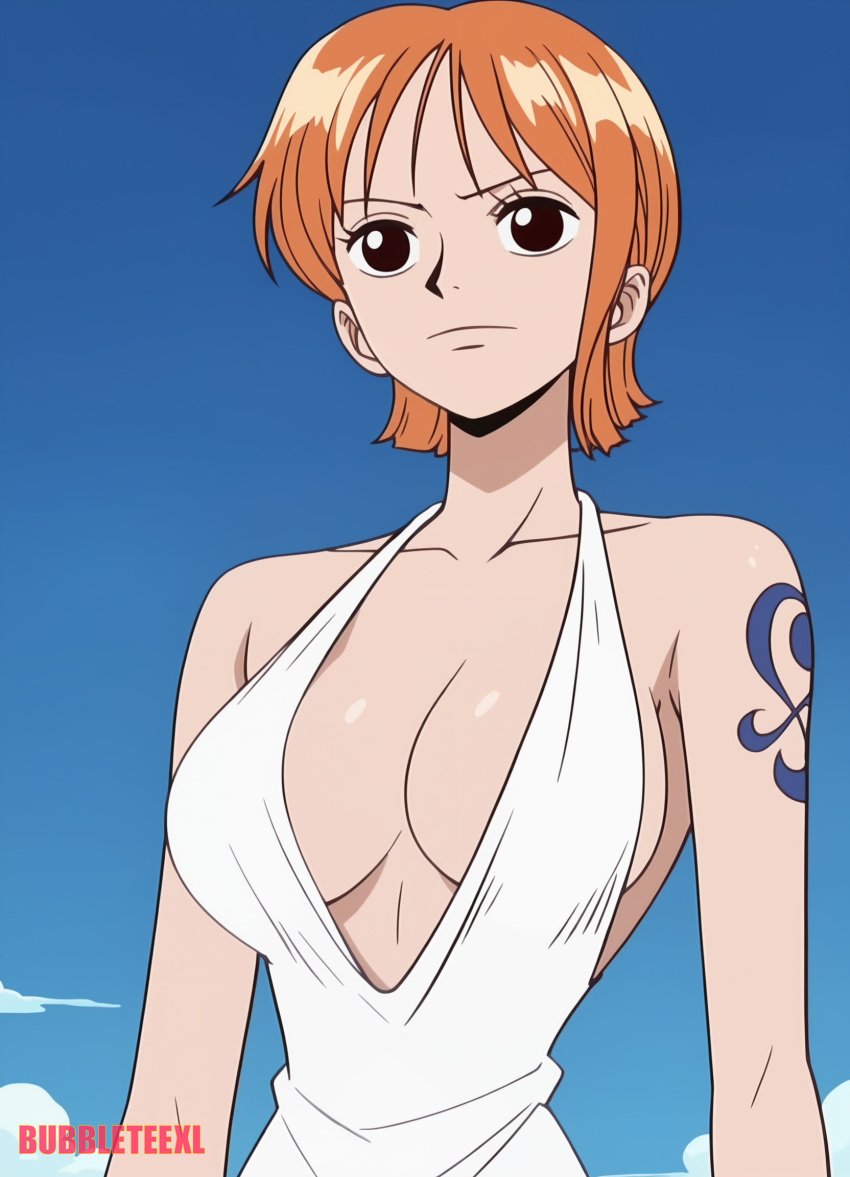 1girls ai_assisted ai_generated anime bubbleteexl cleavage clothing dress female female_only nami nami_(one_piece) one_piece pre-timeskip short_hair solo tattoo