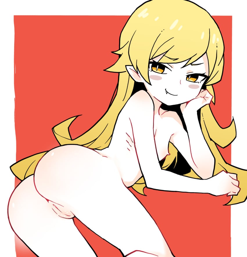 akableak blonde_hair juicy_pussy look looking_at_viewer looking_back monogatari_(series) oshino_shinobu pointy_ears pointy_teeth pussy_focus small_breasts thin_female vampire_girl yellow_eyes