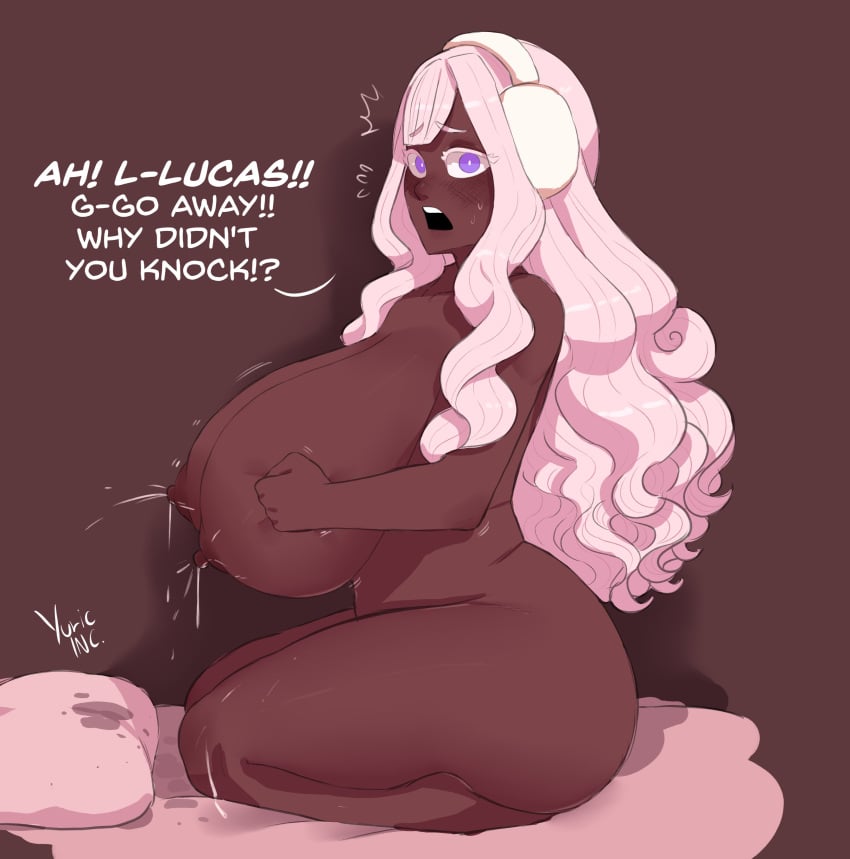 1female 1girl 1girls aminya_(yuric_inc) artist_name artist_signature ass big_ass big_breasts breasts dark-skinned_female dialogue english_dialogue english_language english_text female female_focus female_only headphones huge_ass huge_breasts lactating lactation lactation_without_stimulation large_ass large_breasts large_butt looking_at_viewer lucaslife_(yuric_inc) pink_hair purple_eyes surprised surprised_expression surprised_face surprised_look tagme text yuric_inc