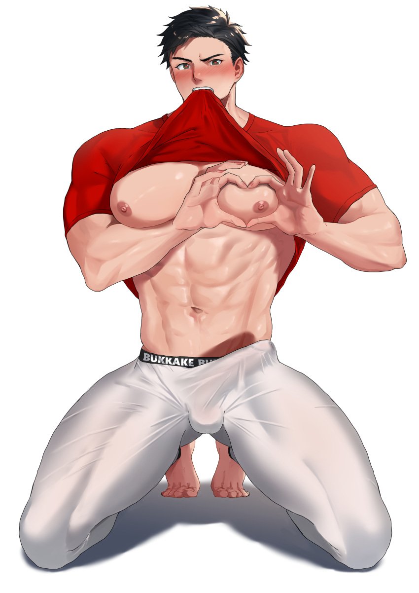 1boy 2020 abs bara bara_tiddies bara_tits bare_pectorals black_hair blush bukkake_rice bulge clothes_in_mouth clothes_lift erection erection_under_clothes full_body heart heart-shaped_boob_challenge heart-shaped_pupils heart_hands hi_res large_pectorals lifting_own_clothes looking_at_viewer male male_focus male_only mouth_hold muscles muscular muscular_male navel nipples pants pectorals red_shirt shirt shirt_in_mouth shirt_lift simple_background solo solo_male symbol-shaped_pupils thighs tight_clothes tight_pants visible_penis_shape white_background white_pants