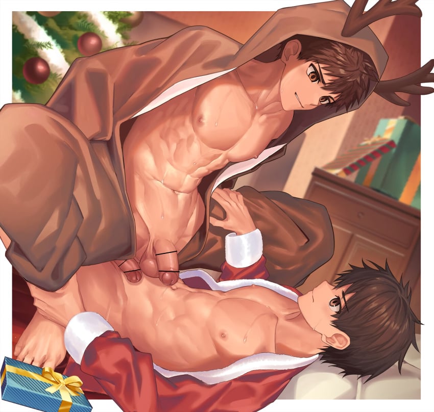 2boys abs balls barefoot big_areola big_balls blurry_background brown_eyes brown_hair censor_bar censored censored_penis christmas christmas_clothing christmas_decorations christmas_outfit christmas_present christmas_tree clothed collarbone cowgirl_position crouching duo erect_nipples eyelashes feet flaccid foreskin gay gift gift_box grabbing_ankles grin hi_res imminent_anal imminent_penetration imminent_sex indoors indoors_sex looking_at_another lying lying_on_back lying_on_bed male male/male male_only mature_male muscles muscular muscular_male navel nayoshi_(r-744) no_body_hair original original_character pecs penis_size_difference pointless_censoring red_glans reindeer_antlers reindeer_costume santa_costume sex short_hair sitting_on_penis sitting_on_person six_pack spread_legs squatting sweat sweatdrop sweating sweaty toes top-down_bottom-up uncut white_border yaoi young