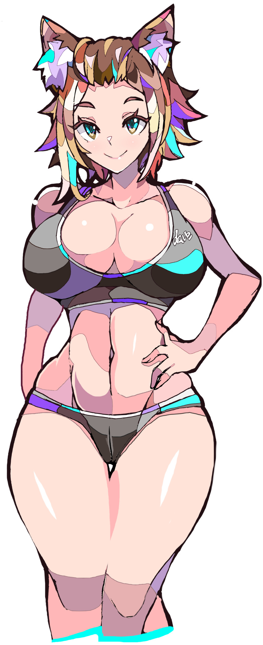 animal_ears brown_hair enpe hand_on_hip large_breasts sports_bra sports_panties thick_thighs