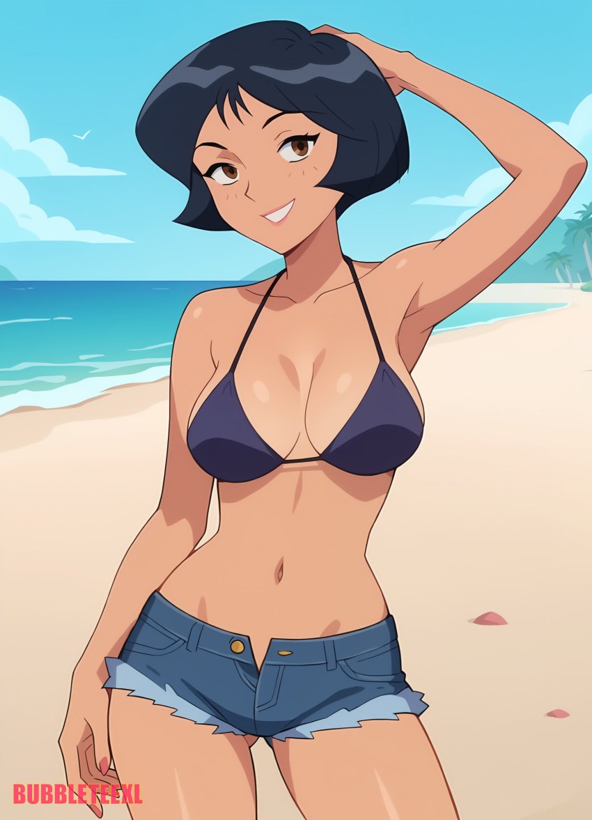 ai_assisted ai_generated alex_(totally_spies) alex_vasquez alexandra_alex_vasquez beach bikini_top black_bikini_top bubbleteexl cartoon denim_shorts hand_on_head totally_spies