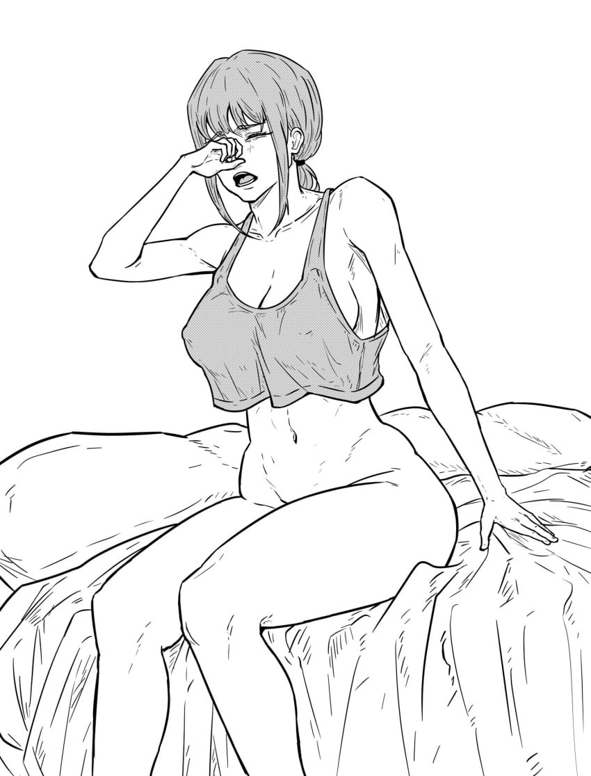 1girls bed belly_button big_breasts black_and_white bottomless breasts busty chainsaw_man crop_top curvy female female_only makima_(chainsaw_man) raggumba rubbing_eyes sitting solo tank_top tank_top_only waking_up wide_hips yawn