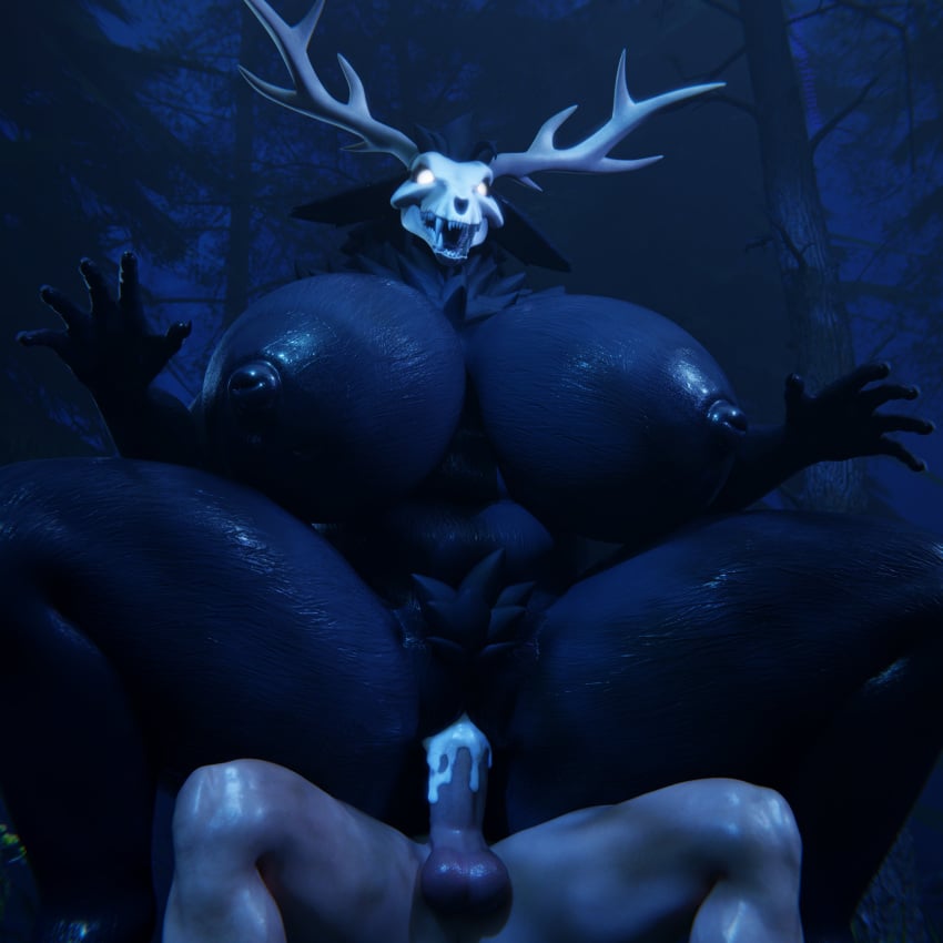 1boy 1girls antlers cowgirl_position creampie cum_in_pussy floppyhuman girl_on_top huge_breasts monster monster_girl skull_head vaginal_sex wendigo