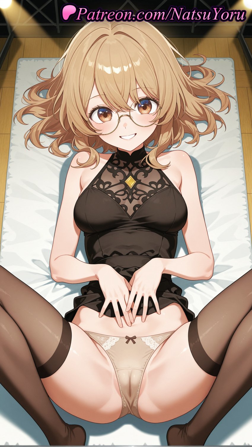 1girls ai_generated anime anime_style bangs bare_arms bare_shoulders bed black_dress black_shirt blonde_hair blush bow bow_panties breasts brown-framed_eyewear brown_eyes brown_hair brown_panties brown_thighhighs bust busty cameltoe clothes_lift crotch dress dress_lift female female_focus female_only glasses grin hair_between_eyes hentai hi_res high_quality high_resolution highres kichijouji_yoriko light_brown_hair looking_at_viewer lying m_legs medium_breasts medium_hair megane natsuyoru no_shoes on_back oshi_no_ko panties pantsu partially_visible_vulva patreon round_eyewear see-through shirt sleeveless sleeveless_dress sleeveless_shirt smile solo solo_female spread_legs thighhighs thighs underwear voluptuous voluptuous_female white_panties wooden_floor