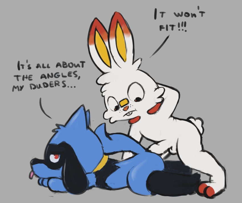 anthro badipoki buckteeth cotton_tail dialogue duo generation_4_pokemon generation_8_pokemon genitals hi_res humanoid_genitalia humanoid_penis male male/male nintendo penis pokemon pokemon_(species) riolu scorbunny teeth tongue tongue_out