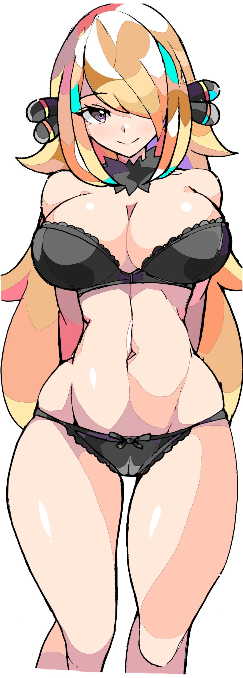 black_bra black_panties cynthia_(pokemon) enpe hands_behind_back large_breasts lingerie long_hair smiling thick_thighs