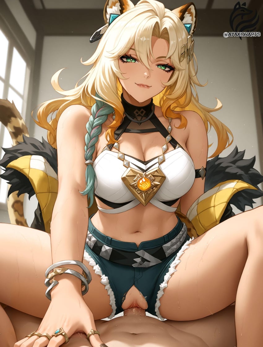 1girls ai_generated ayakonarts blonde_hair genshin_impact green_eyes highlights jaguar_ears jaguar_girl kemonomimi sex xilonen_(genshin_impact) you