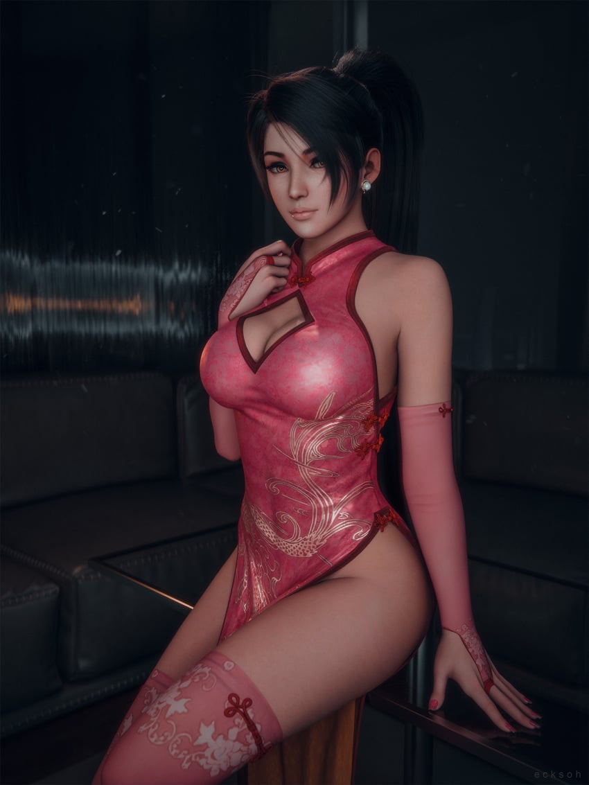 1girls 2025 3d arm_warmers big_breasts black_hair blush_makeup cheongsam curvaceous curvaceous_female dead_or_alive ecksoh eyeshadow female female_only hand_above_breast honey_eyes hostess indoors knee_highs kneehighs legs_together long_hair looking_at_viewer momiji_(ninja_gaiden) nail_polish ninja_gaiden no_panties no_panties_under_dress nopan painted_nails pearl_earrings pink_blush pink_dress pink_eyeshadow pink_lipstick pink_makeup pink_nail_polish plump_breasts ponytail sexy_dress sitting_on_table solo