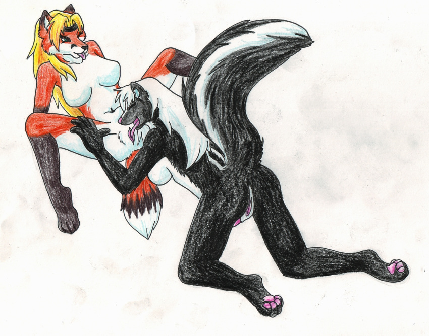 anthro aurasoul breasts canine female fox furry hair herm intersex original_character penis pussy ratchet_(oc) skunk sucking twillight white_fur winger yellow