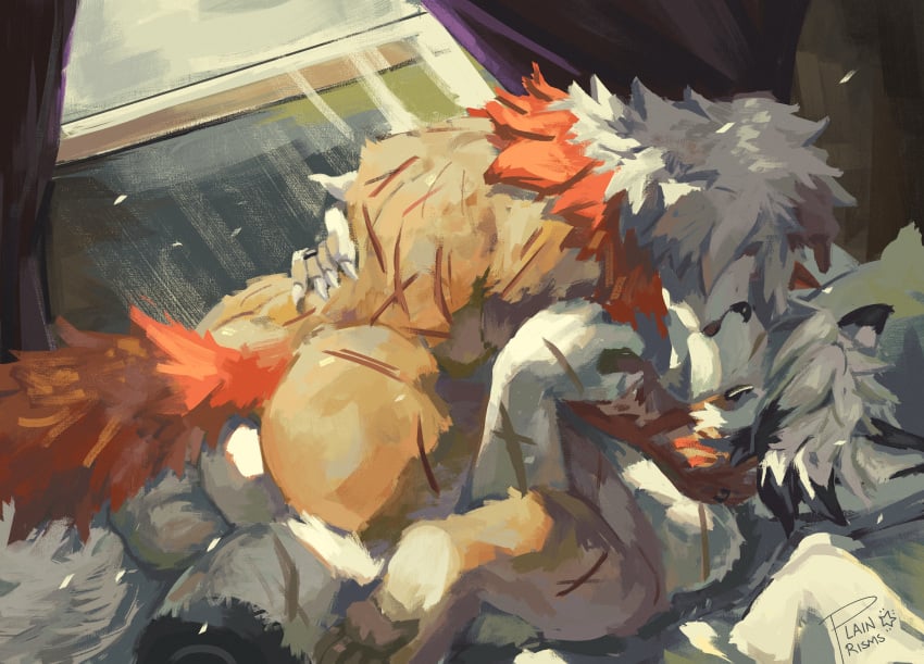 amputee anal anal_sex anthro arknights asian_mythology ass back_muscles balls canid canine canis crossover crossover_ship disability duo east_asian_mythology erection foo_dog fur genitals hair hi_res hung_(arknights) hypergryph japanese_mythology kissing komainu long_hair male male/male male_penetrated male_penetrating male_penetrating_male mammal mihoyo multicolored_hair muscular muscular_male mythology nude nude_male orange_body orange_fur orange_tail paws penetration penile penile_penetration penis plainprisms romantic romantic_ambiance romantic_couple romantic_sex scar sex studio_montagne tail two_tone_hair von_lycaon white_body white_fur wolf yokai zenless_zone_zero