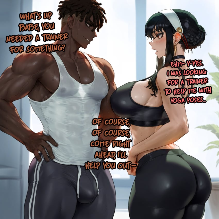 ai_generated aipotions big_ass big_breasts black_hair cheating_wife clothing color dark-skinned_male dark_skin english_text erect_penis erection_under_clothes full_color gym gym_clothes gym_uniform light-skinned_female light_skin married_woman muscular muscular_male netorare ntr red_eyes sexy_body sport_suit sports_uniform spy_x_family text yor_briar yor_forger