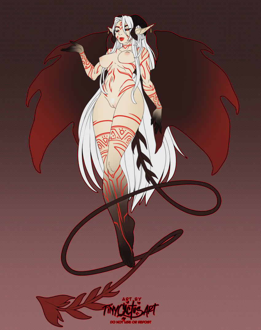 black_sclera curled_horn d'nani_(tinycactus) demon ear_piercing female floating hair hi_res horn humanoid light_body light_skin long_hair nipples nude piercing pink_nipples pubes red_eyes red_tattoo solo spade_tail succubus tail tattoo tinycactus white_hair white_pubes wings