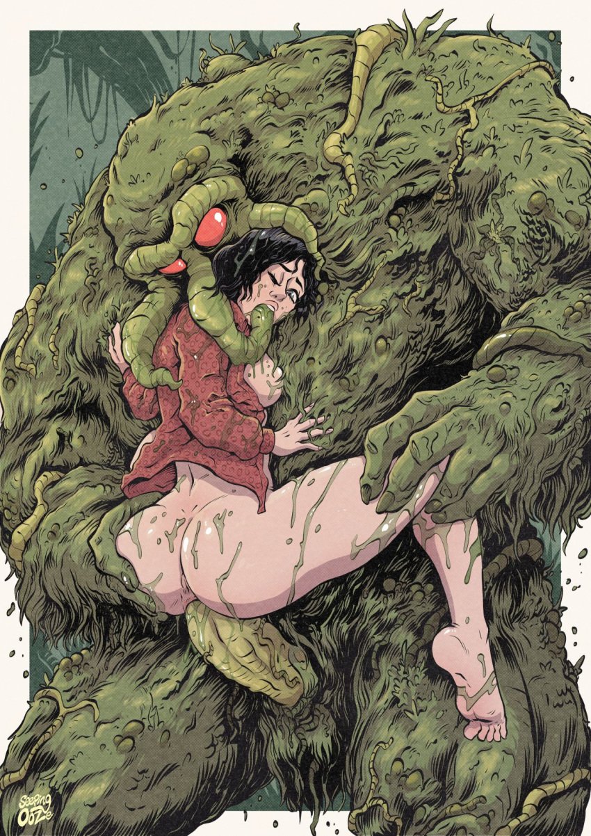 breasts choking_on_cock choking_on_object choking_while_penetrating dirty exposed_breasts feet forest green_skin huge_cock large_penis lifted lifted_by_another man-thing marvel marvel_comics monsterfucker pale-skinned_female red_eyes seepingooze size_difference stuffed_mouth_gag swamp tentacle tentacle_penetration tentacle_sex