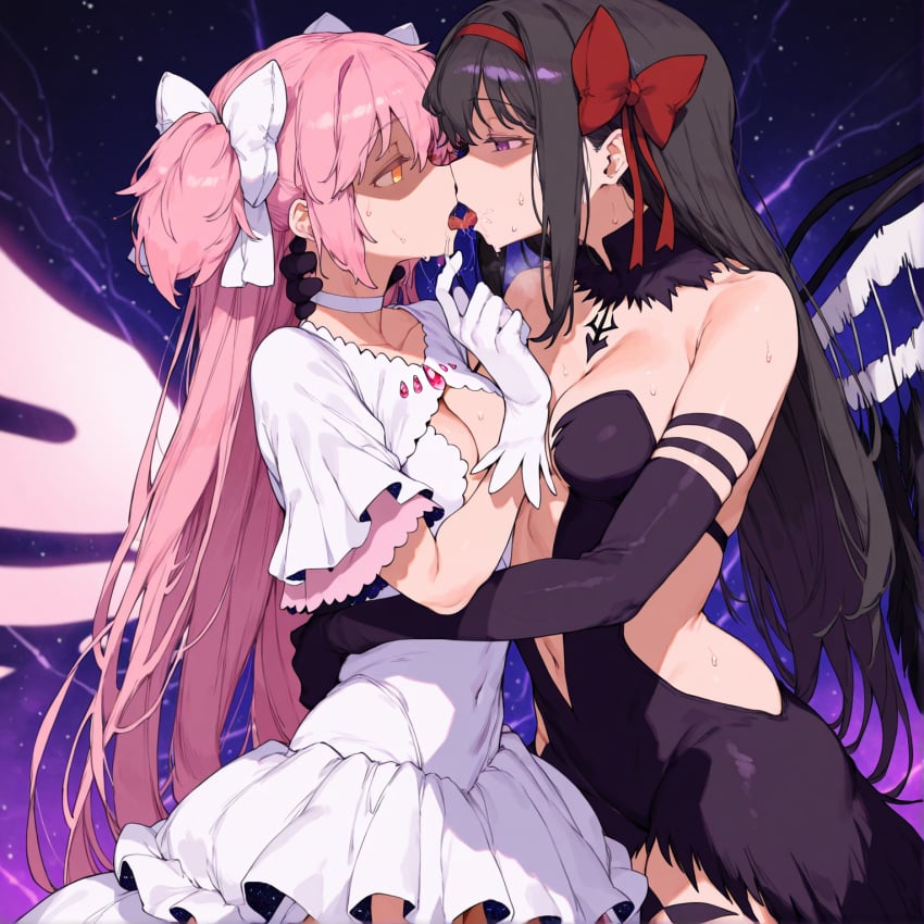 ai_generated akemi_homura akuma_homura assertive_female couple couple_(romantic) french_kiss french_kissing grabbing holding kissing madoka_kaname puella_magi_madoka_magica saliva submissive_female ultimate_madoka yuri yuri