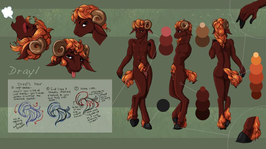 2012 brown_fur drayl drayl_(character) hair hooves horn male model_sheet penis pose ram red_hair sheep