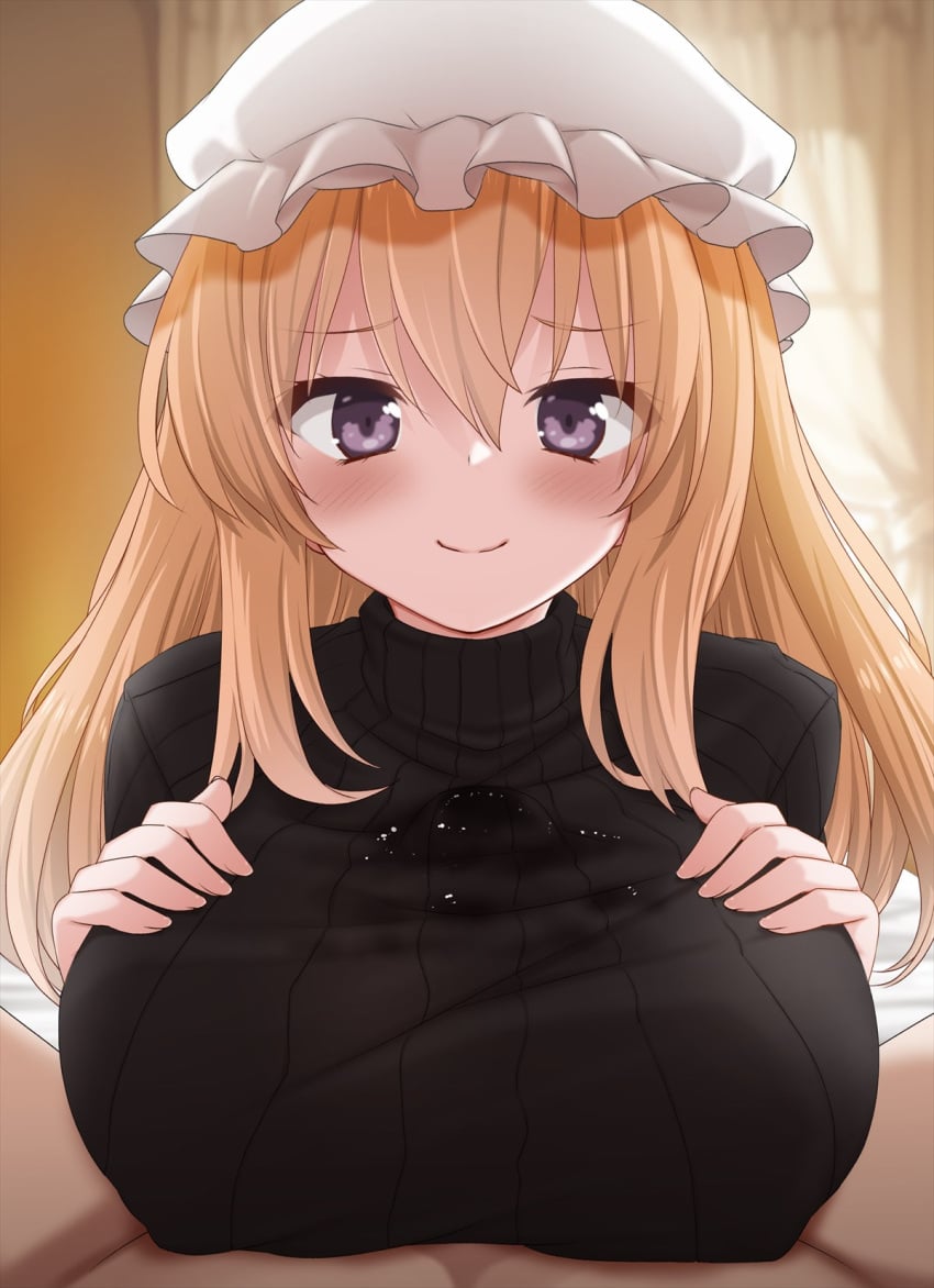 1boy blonde_hair blush breasts cum cum_in_clothes ejaculation female hat highres large_breasts long_hair maribel_hearn mob_cap open_mouth paizuri paizuri_under_clothes purple_eyes ribbed_sweater smile solo_focus sweater tori_(minamopa) touhou