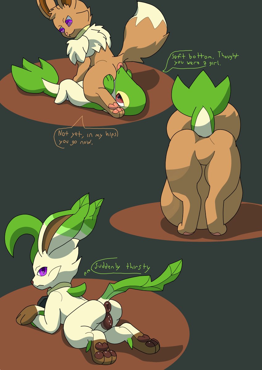 absurd_res ambiguous_gender anal anal_vore animal_genitalia anus ass canid canine duo eevee eeveelution facesitting feet female feral generation_1_pokemon generation_4_pokemon generation_5_pokemon genitals hi_res jewelry leafeon lewdkitten069 mammal necklace nintendo paws pokemon pokemon_(species) purple_eyes reptile scalie sitting_on_another snivy soles speech_bubble transformation vore vulva
