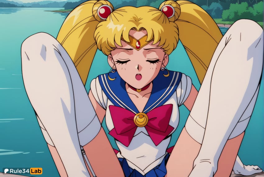 1girls ai_generated artist_name bishoujo_senshi_sailor_moon blonde_hair blue_sailor_collar blue_skirt bow breasts choker closed_eyes crescent crescent_earrings double_bun earrings elbow_gloves female garter_straps gloves hair_bun hi_res jewelry leotard long_hair magical_girl open_mouth parted_bangs pleated_skirt red_bow red_choker retro_artstyle rule34lab sailor_collar sailor_moon sailor_senshi_uniform sitting skirt solo spread_legs thighhighs twintails usagi_tsukino white_gloves white_thighhighs