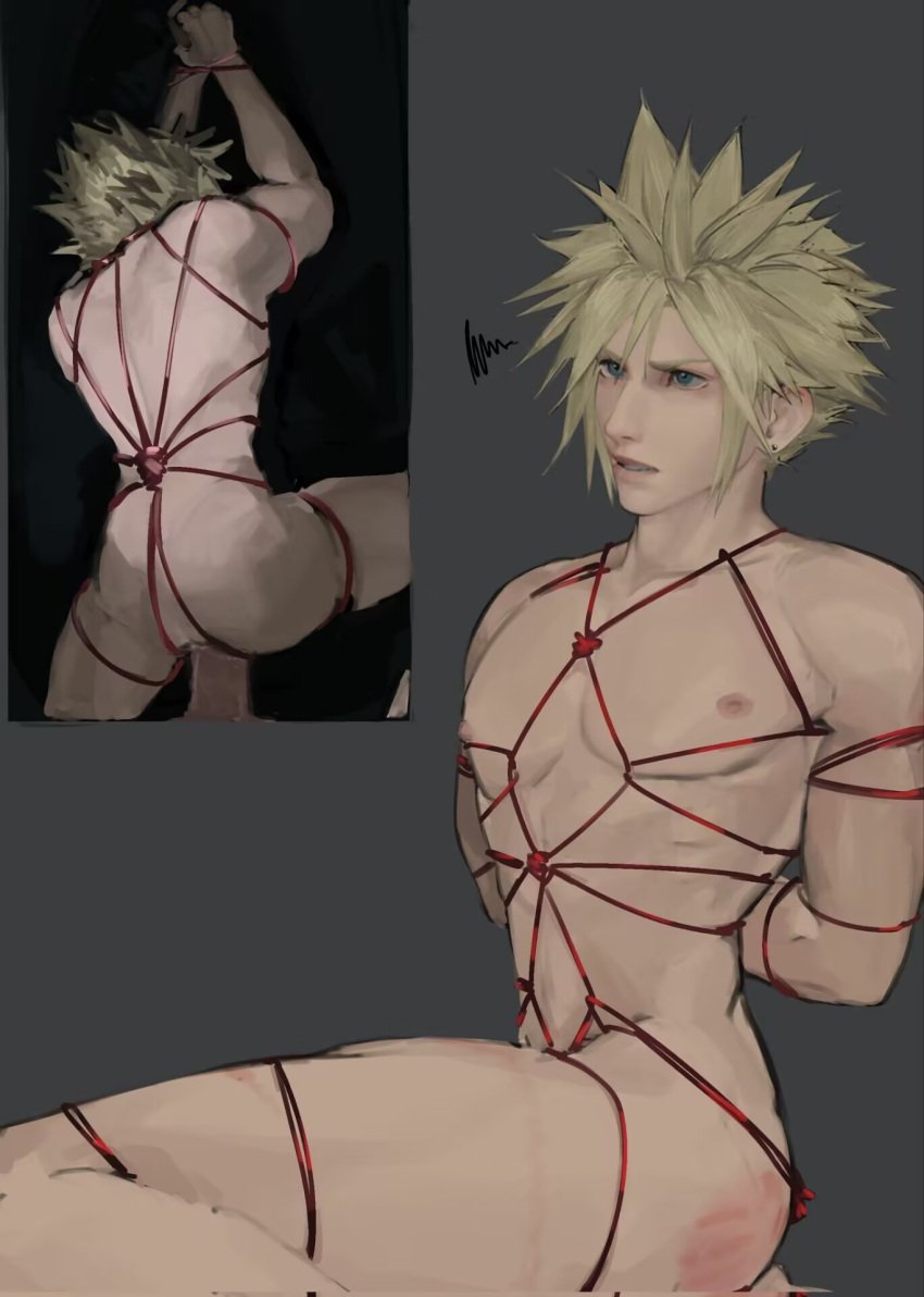 1boy bdsm blonde_hair blue_eyes bondage cloud_strife final_fantasy final_fantasy_vii gay male penis white_skin