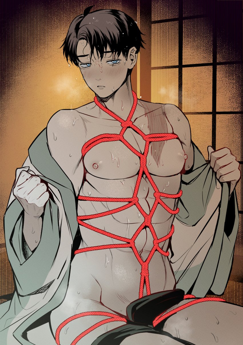 black_hair blue_eyes blush bulge gegege_no_kitarou indoors kimono kitarou_tanjou_gegege_no_nazo looking_at_viewer male male_only mizuki_(gegege_no_kitarou) muscular muscular_male open_kimono pecs rope rope_bondage rope_harness shouji sitting solo sweat tamamako_2 undressing wet_body wet_hair wet_skin