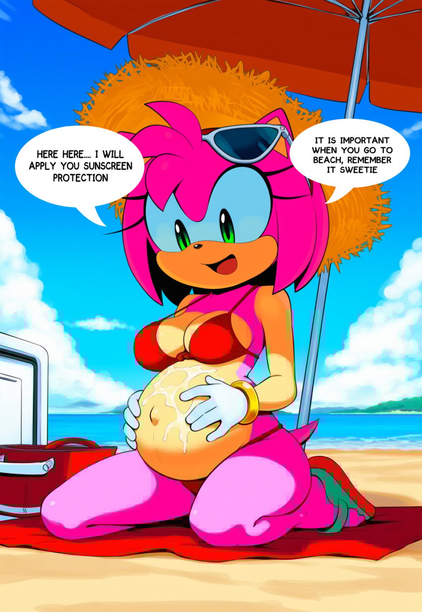 aged_up ai_generated amy_rose bag bare_legs basket beach beach_umbrella bent_legs bent_over bikini bikini_bottom bracelet day daytime english_text eyelashes feet furry gloves gold_bracelet green_eyes groin hat hedgehog kneeling leg_focus legs long_eyelashes looking_down mammal medium_breasts medium_hair parasol pink_fur pink_hair pregnancy pregnant pregnant_belly pregnant_female protecting red_bag red_bikini red_bikini_bottom red_bra red_towel sand sandals sea sega smile sonic_(series) sonic_the_hedgehog_(series) sunglasses sunglasses_on_head sunhat sunscreen tail taking_care text_box text_bubble toes towel umbrella vhsephi water white_gloves young_girl younger_female