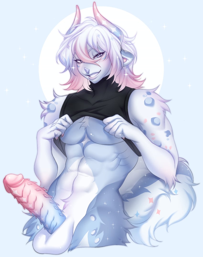 abs absurd_res anthro athletic athletic_anthro athletic_male balls bedroom_eyes bottomless canid canine chameleon clothed clothing clothing_lift erection felid feline frosty_(luhhdan) fur genitals hair hi_res hybrid lizard male mammal muscular narrowed_eyes nude nycky pecs penile_spines penis reptile ridged_penis scalie seductive serratus shirt shirt_lift shirt_only smile solo tail tank_top tank_top_only topwear topwear_only