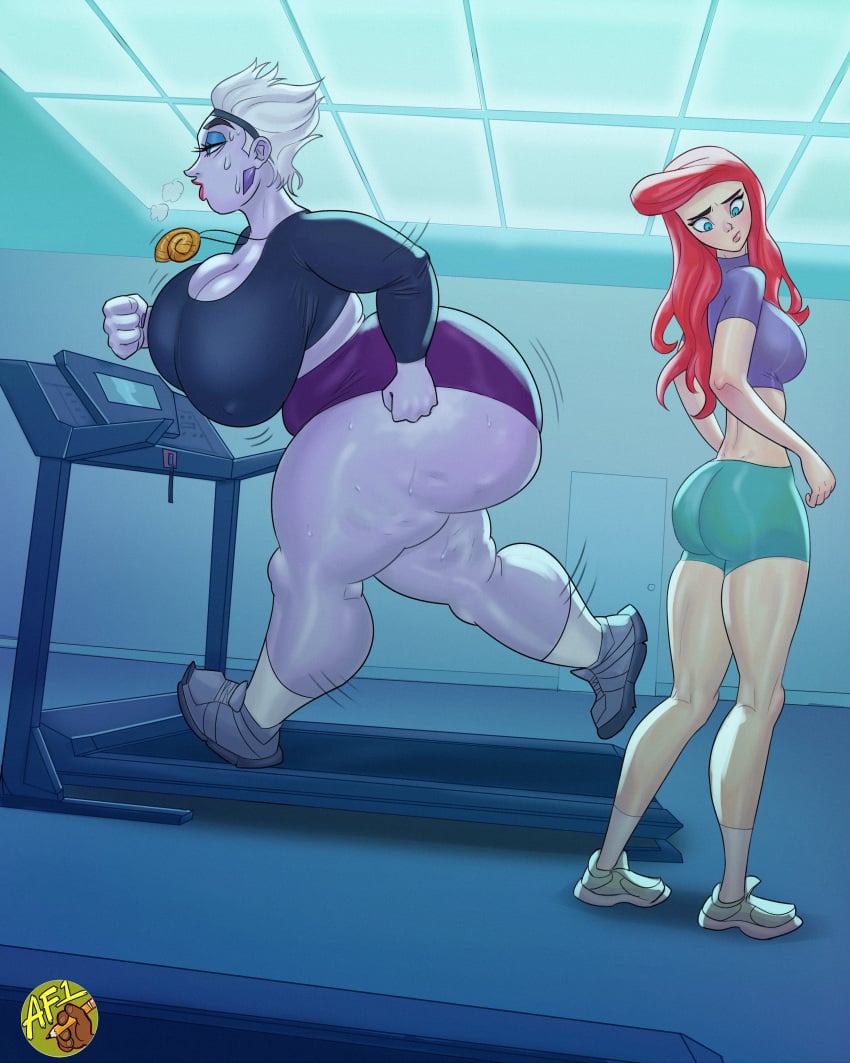 ariel_(the_little_mermaid) artfoo_1 ass_envy bike_shorts black_shirt blue_eyes disney exercise frown full_body huge_ass huge_breasts indoors looking_at_own_ass purple_shirt purple_skin red_hair short_hair standing the_little_mermaid the_little_mermaid_(1989_film) thick_thighs treadmill ursula_(the_little_mermaid) white_hair
