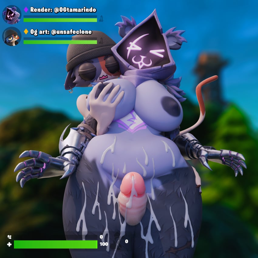 3d belly big_breasts big_butt big_penis blender breasts cat_ears cat_tail chubby chubby_female cum cum_on_body cum_on_thighs dickgirl excessive_cum fortnite fortnite:_battle_royale from_behind from_behind_position futa_on_female futanari gameplay_mechanics grabbing grabbing_ass grabbing_breasts hud looking_at_another looking_pleasured meow_skulls meow_skulls_(fortnite) naked naked_female ogtamarindo outdoors outside penis raven_team_leader thick_thighs thigh_sex thighs