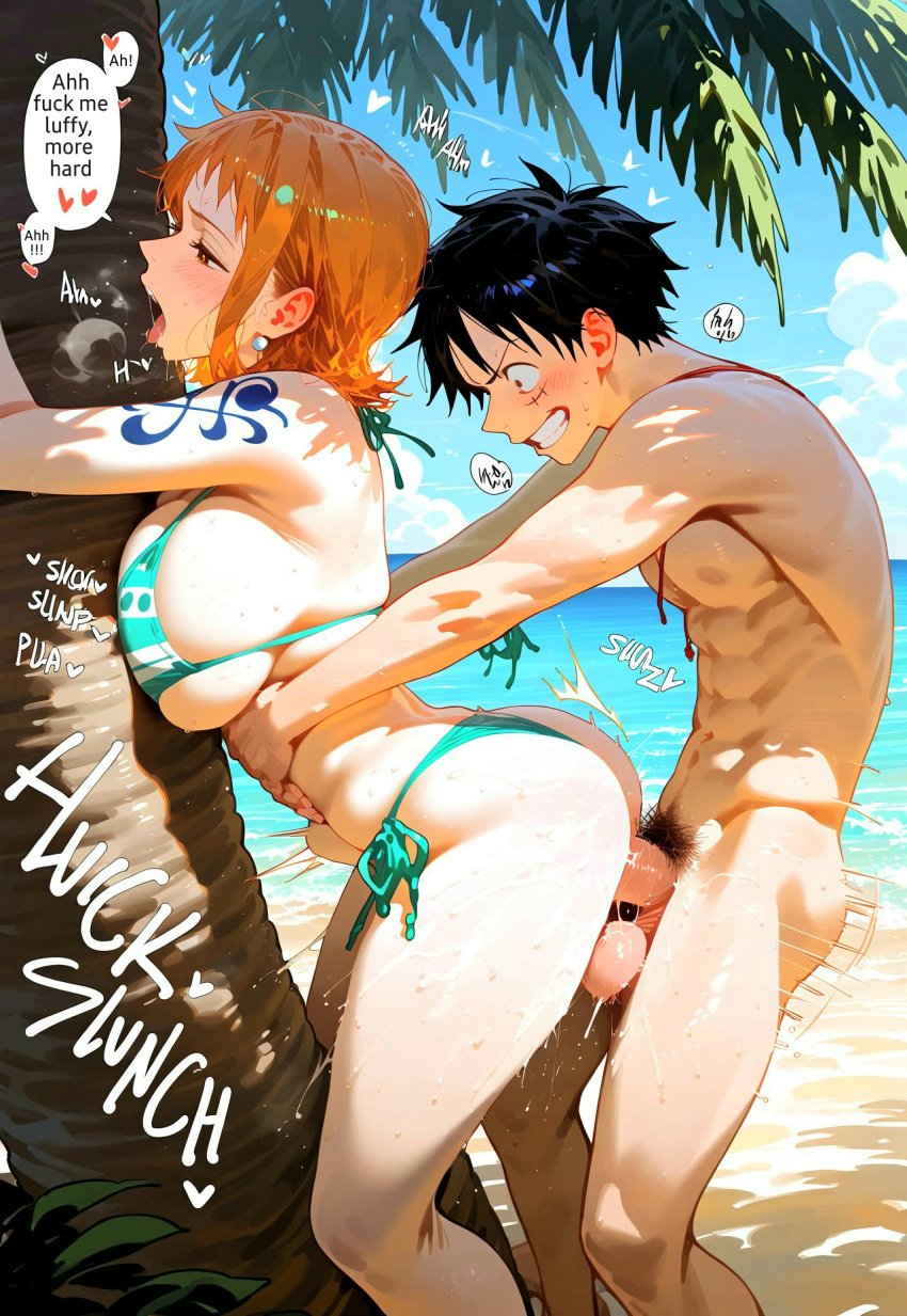 ai_generated beach big_ass big_balls big_breasts big_penis bikini blush bottom_heavy bottomless bulge curvy_female deep_penetration earrings from_behind grabbing moaning monkey_d_luffy nami_(one_piece) one_piece open_mouth orange_hair pre-timeskip sex sex_from_behind text thick_thighs vaginal_penetration
