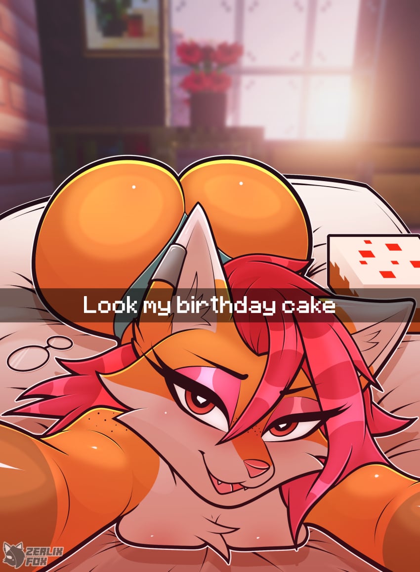 2025 :3 absurd_res anthro ass bed bedroom big_butt birthday breasts cake canid canine claws clothing conditional_dnp countershading dessert digital_media_(artwork) ear_piercing ear_ring ears_up eyelashes eyeliner eyewear female food fox fur furniture glasses hair heart_eyes heart_symbol hi_res huge_butt looking_at_viewer lying lying_on_bed makeup mammal medium_breasts microsoft minecraft mojang mostly_nude narrowed_eyes nerd nude nude_female on_bed open_mouth orange_body piercing red_eyes red_fox red_hair ring_piercing seductive selfie signature solo sun sunset text thick_eyelashes thin_eyebrows thong true_fox undercut underwear viewed_from_above window xbox_game_studios zerlix_fox zerlix_fox_(character) zkarleth_(zerlix_fox)