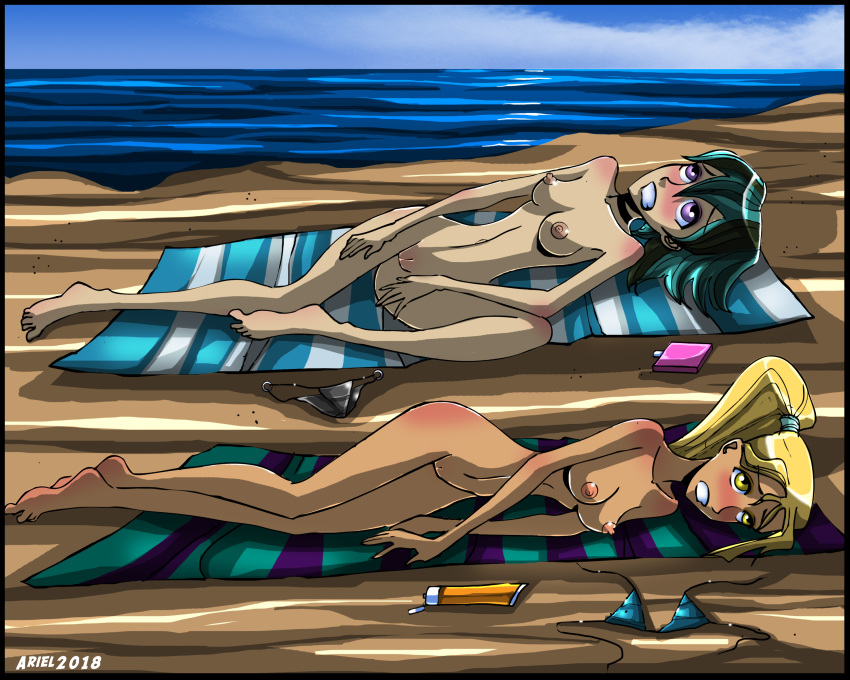 2girls aroberts beach blonde_hair bottle breasts bridgette_(tdi) corpse dark_skin dead death execution green_hair gwen_(tdi) humiliation killer_lotion lotion nipples nude pussy sunbathing sunscreen tanned total_drama_island towel