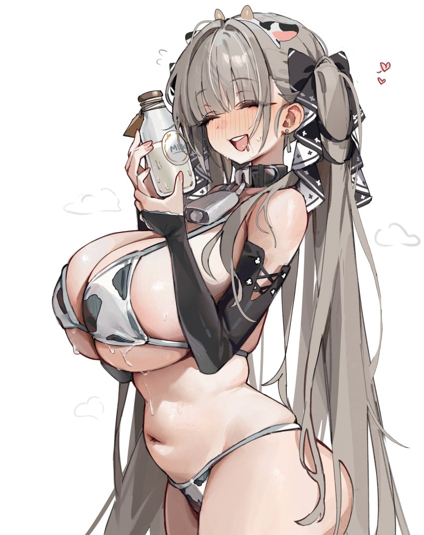 absurdres animal_ears animal_print aroused azur_lane bare_shoulders bikini blush breasts closed_eyes cow_ears cow_print cow_print_bikini drool fake_animal_ears formidable_(azur_lane) fungi542 grey_hair hair_ornament hair_ribbon hairband highres in_heat large_breasts long_hair mouth_drool navel open_mouth print_bikini ribbon simple_background smile stomach swimsuit twintails underboob white_background