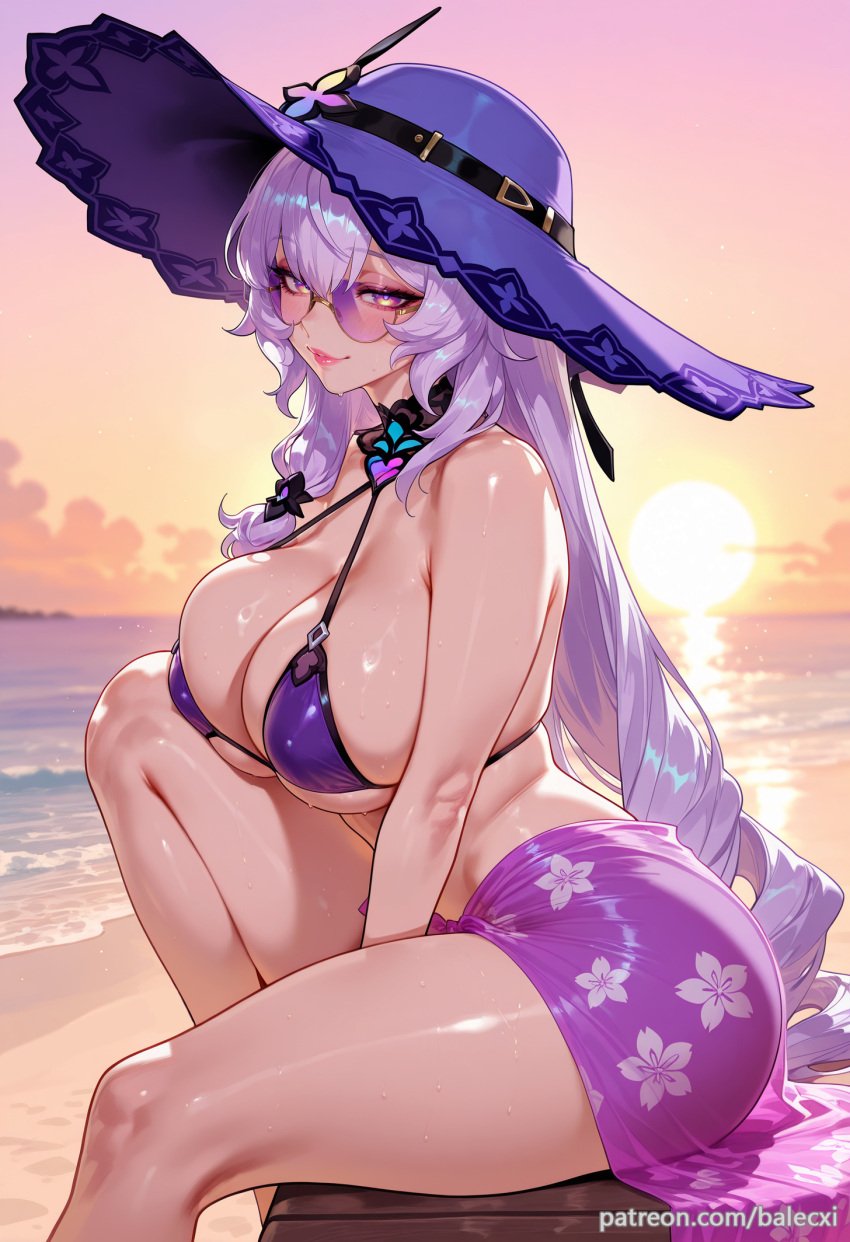 ai_generated balecxi beach black_swan_(honkai:_star_rail) cleavage female hat honkai:_star_rail large_breasts long_hair looking_at_viewer purple_bikini purple_hair sarong sitting smile solo sunglasses sunset swimsuit thighs